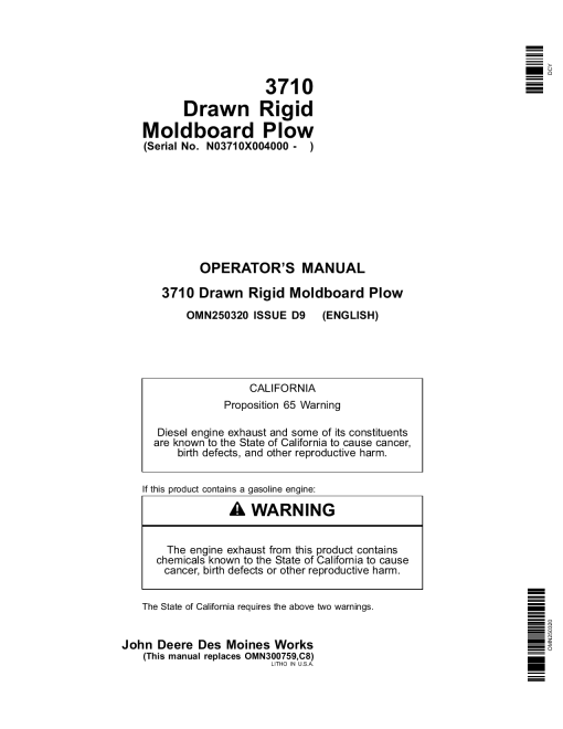 John Deere 3710 Drawn Rigid Moldboard Plow 004000 OMN250320 Operation and Maintenance manual PDF Download