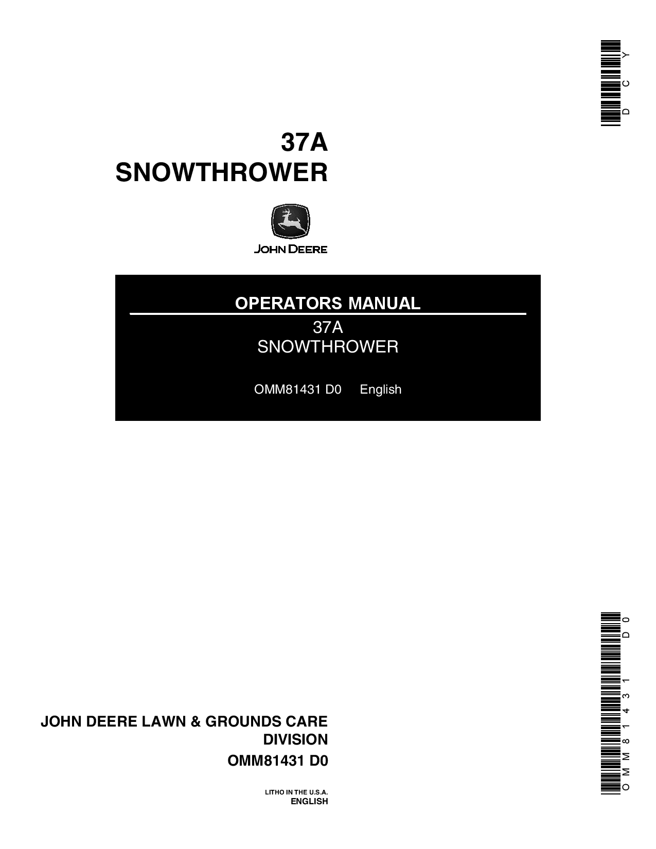 John Deere 37A Snow Thrower 370001 537000 OMM81431 Operation and Maintenance manual PDF Download