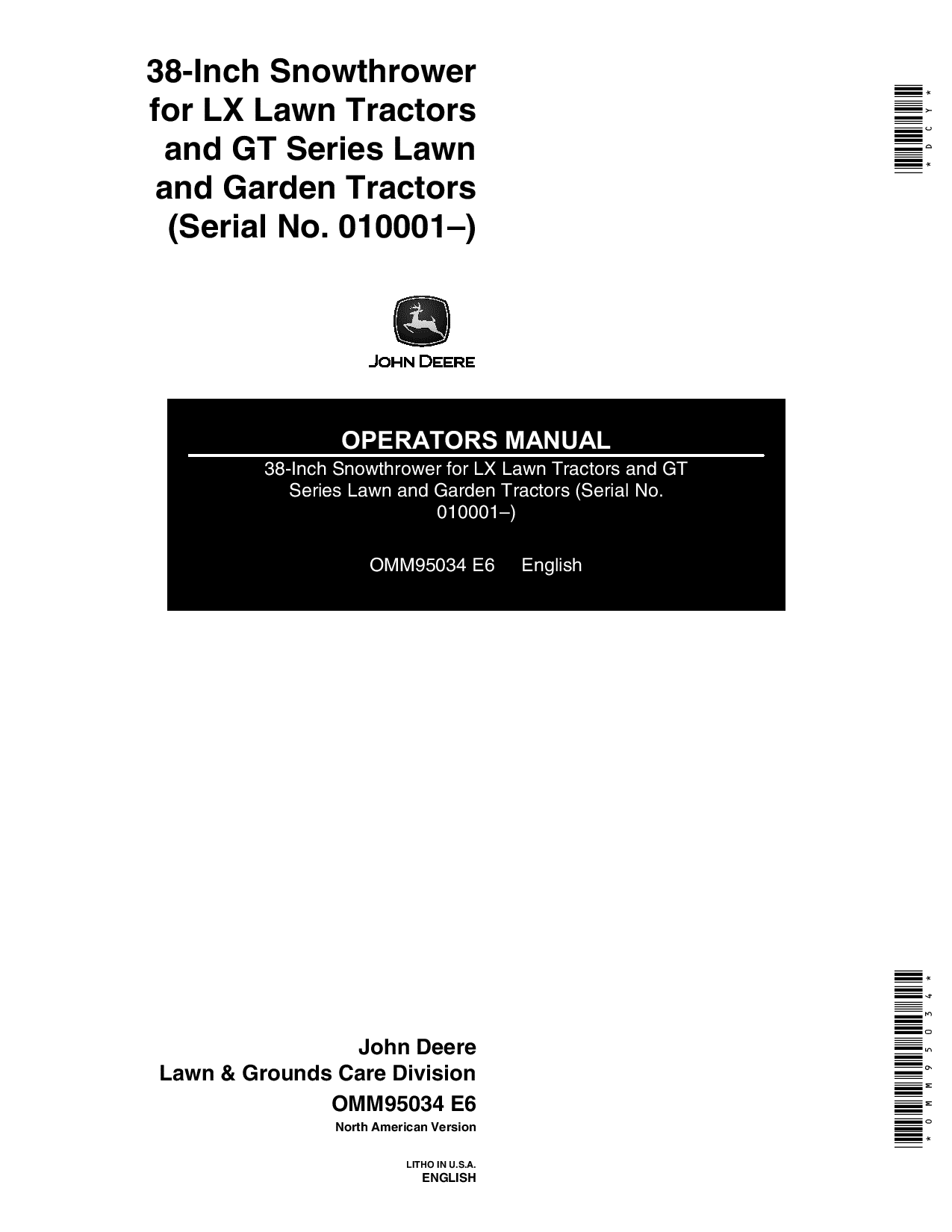 John Deere 38 Inch Snow Thrower LX GT Lawn Tractors OMM95034 Operation and Maintenance manual PDF Download