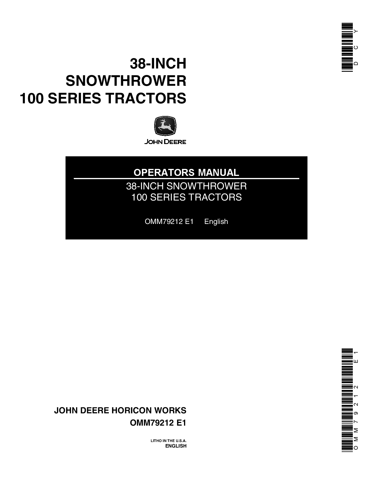 John Deere 38 Inch Snowthrower for 100 Series Tractors OMM79212 Operation and Maintenance manual PDF Download
