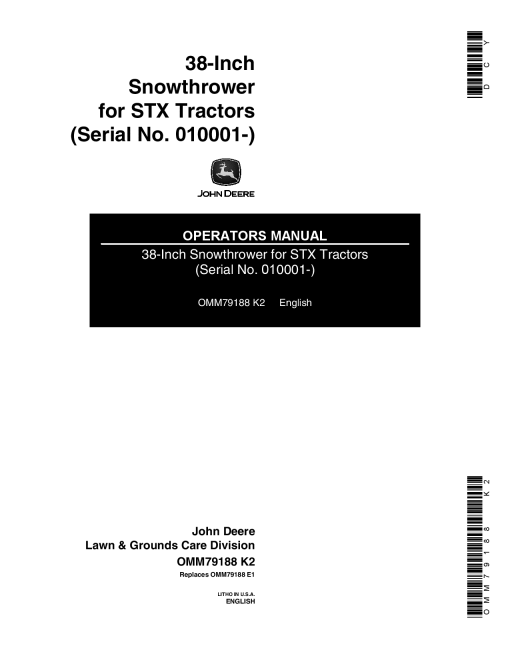 John Deere 38 Inch Snowthrower for STX Tractors 010001 OMM79188 Operation and Maintenance manual PDF Download