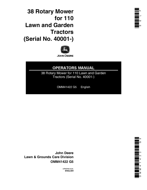 John Deere 38 Rotary Mower 040001 OMM41422 Operation and Maintenance manual PDF Download
