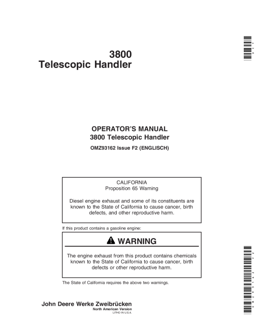 John Deere 3800 Telescopic Handlers OMZ93162 Operation and Maintenance manual PDF Download