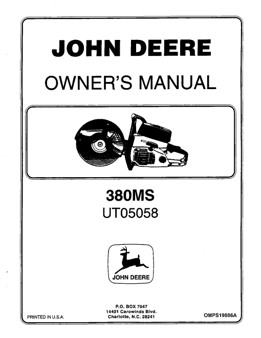 John Deere 380MS Multi Purpose Saw UT05058 UT05066 OMPS19886A Operation and Maintenance manual PDF Download
