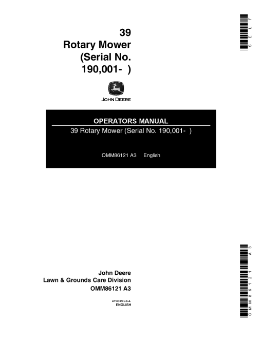 John Deere 39 Rotary Mower 190001 OMM86121 Operation and Maintenance manual PDF Download