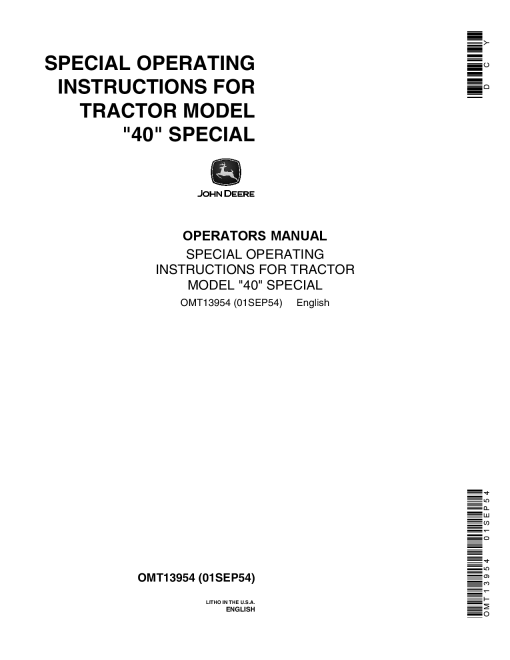 John Deere 40 Special Tractor Special Operating Instructions OMT13954 Operation and Maintenance manual PDF Download