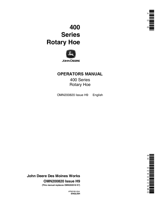 John Deere 400 Series Rotary Hoes OMN200820 Operation and Maintenance manual PDF Download