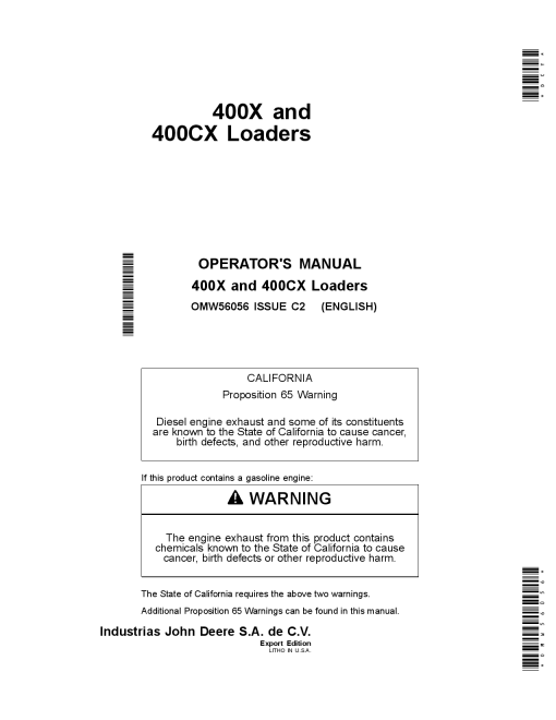 John Deere 400x 400CX Loaders OMW56056 Operation and Maintenance manual PDF Download