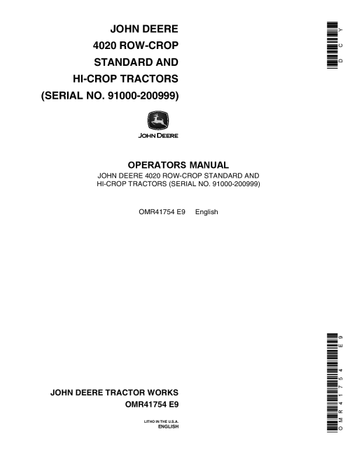 John Deere 4020 Row Crop Standard Hi Crop Tractors 091000 OMR41754 Operation and Maintenance manual PDF Download