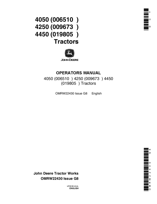 John Deere 4050 006510 4250009673 4450 019805 Tractors OMRW22430 Operation and Maintenance manual PDF Download