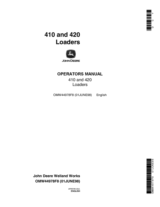 John Deere 410 420 Loaders OMW44978 Operation and Maintenance manual PDF Download