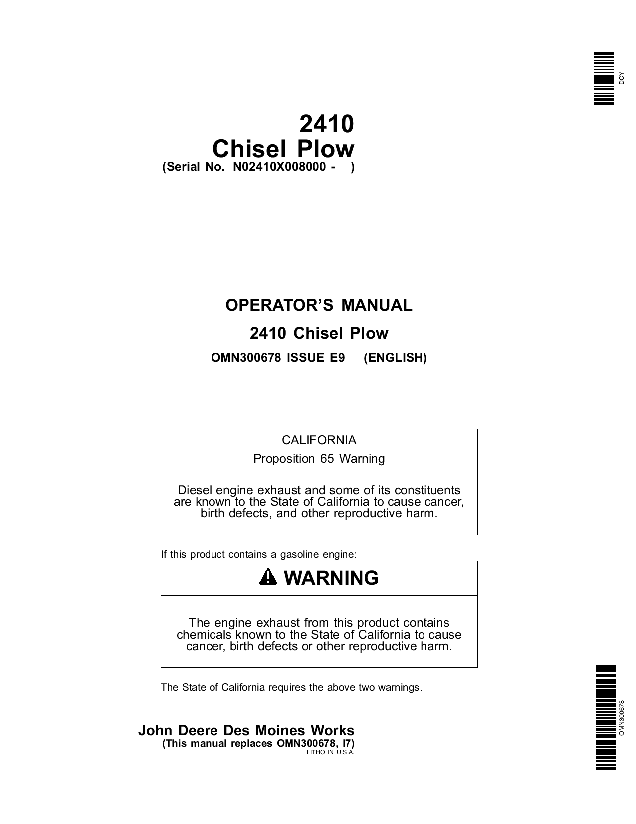 John Deere 410 Chisel Plow North American Edition 008000 011999 OMN300678 Operation and Maintenance manual PDF Download