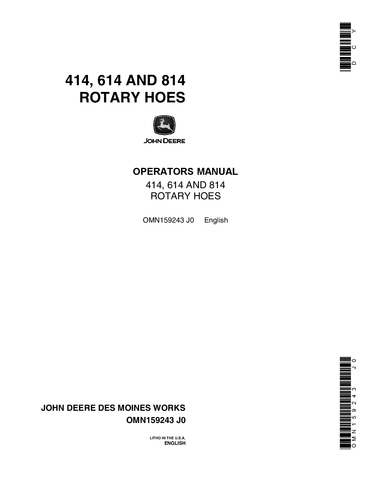 John Deere 414 614 814 Rotary Hoes OMN159243 Operation and Maintenance manual PDF Download