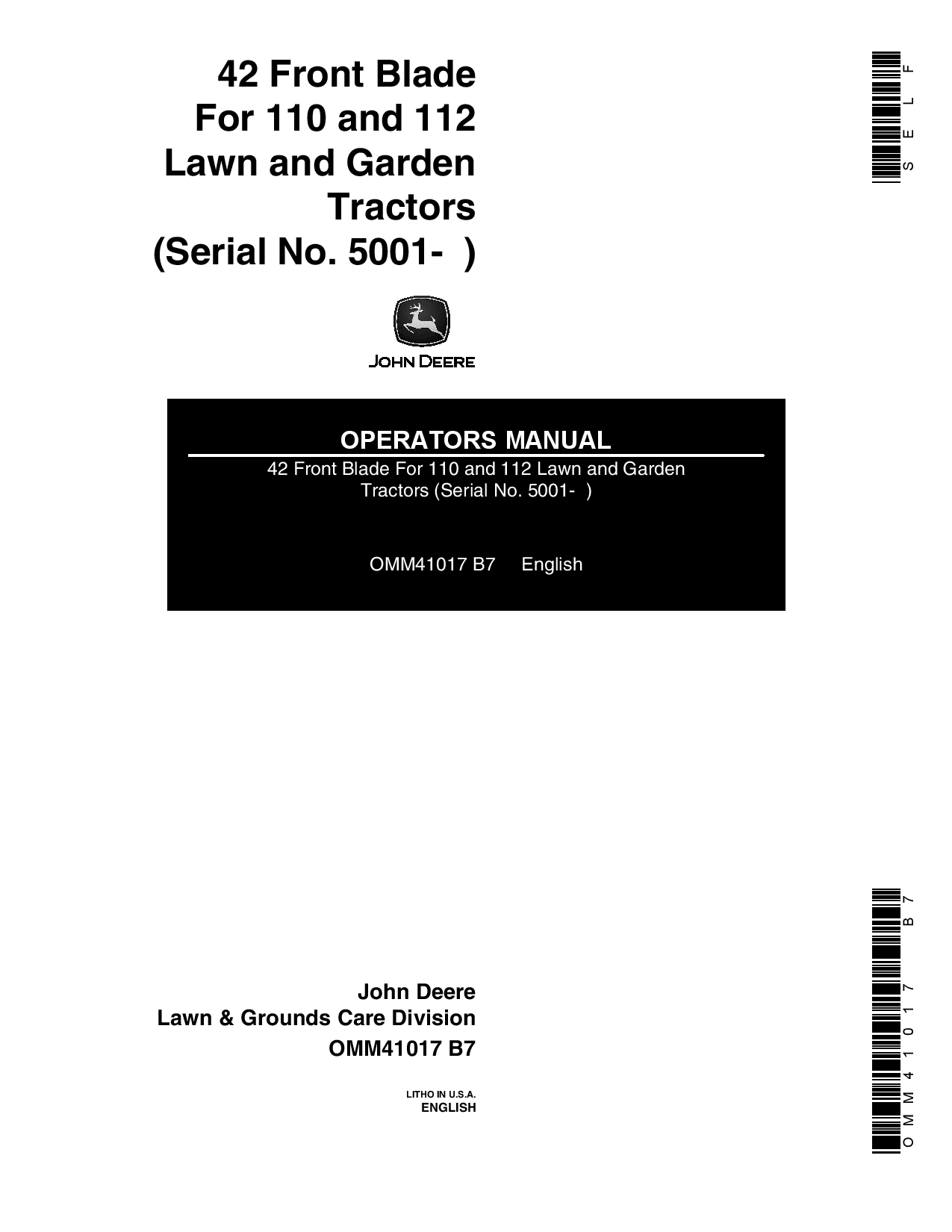 John Deere 42 Front Blade 005001 for 110 112 Lawn Garden Tractors OMM41017 Operation and Maintenance manual PDF Download
