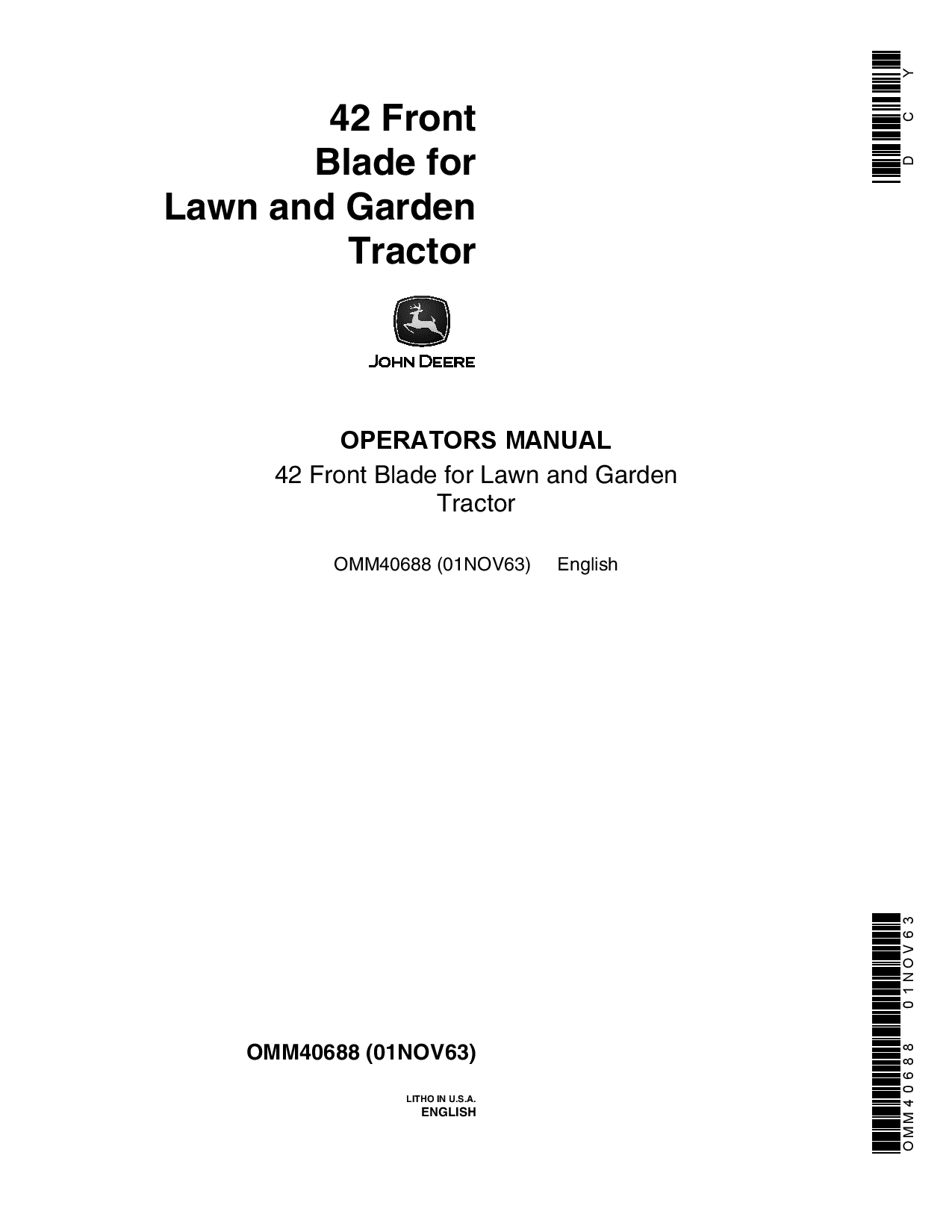 John Deere 42 Inch Front Mount Blade for 110 Lawn Garden Tractor OMM40688 Operation and Maintenance manual PDF Download