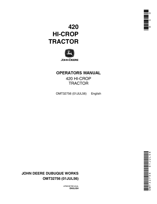 John Deere 420 Hi Crop Tractor OMT32756 Operation and Maintenance manual PDF Download