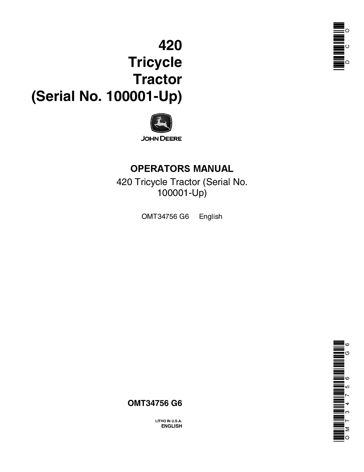John Deere 420 Tricycle Tractor 100001 OMT34756 Operation and Maintenance manual PDF Download