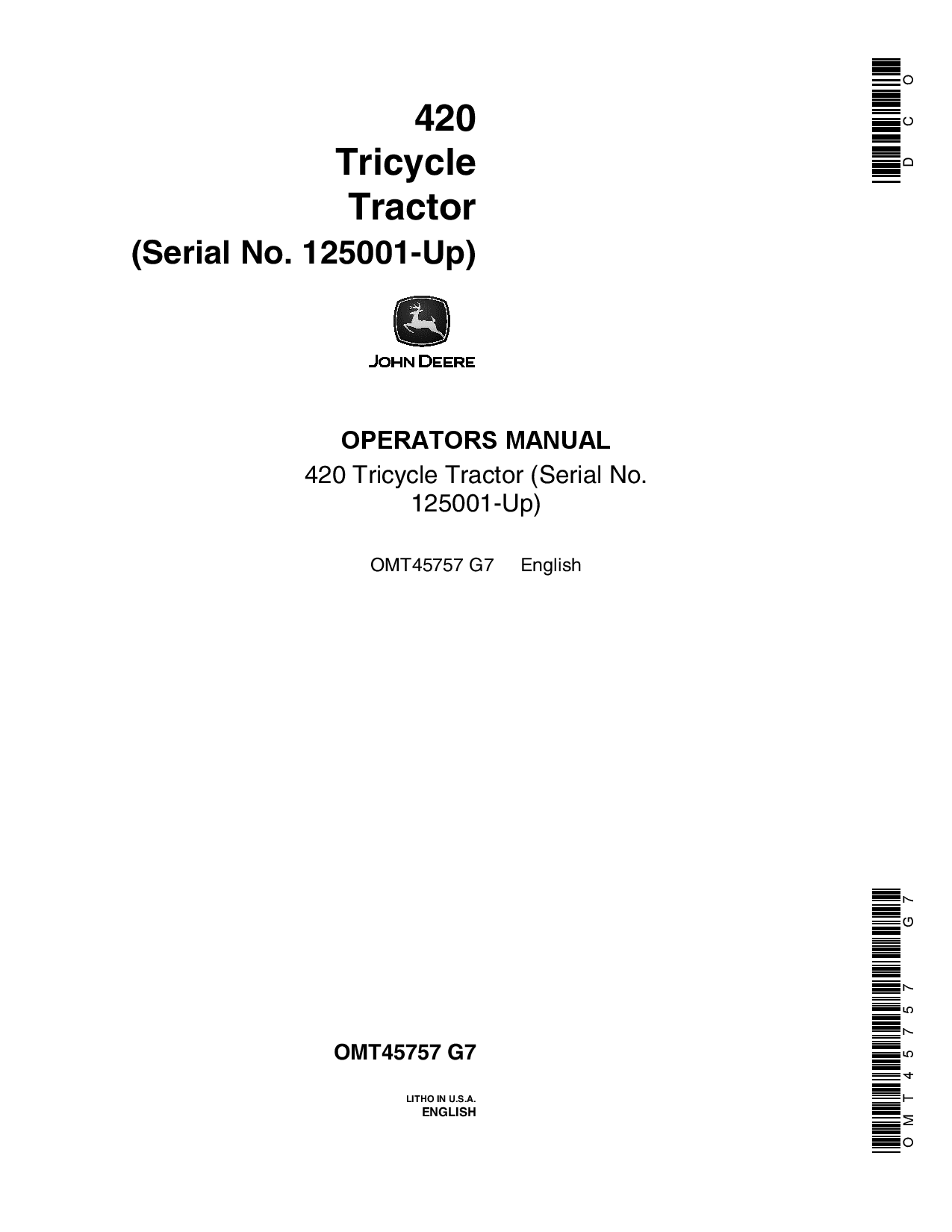 John Deere 420 Tricycle Tractor 125001 OMT45757 Operation and Maintenance manual PDF Download
