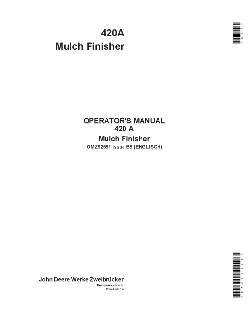 John Deere 420A Mulch Finishers OMZ92591 Operation and Maintenance manual PDF Download