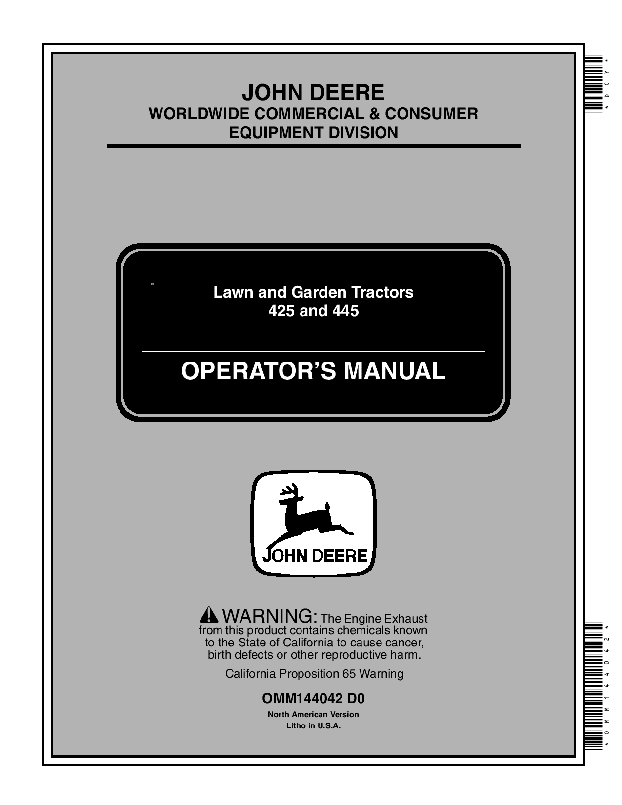 John Deere 425 445 Lawn Garden Tractors 070001 OMM144042 Operation and Maintenance manual PDF Download