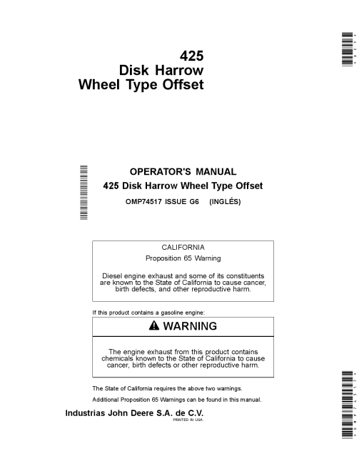 John Deere 425 Disk Harrow Wheel Type Offset North American Edition Text Free Safety Decals OMP74517 Operation and Maintenance manual PDF Download