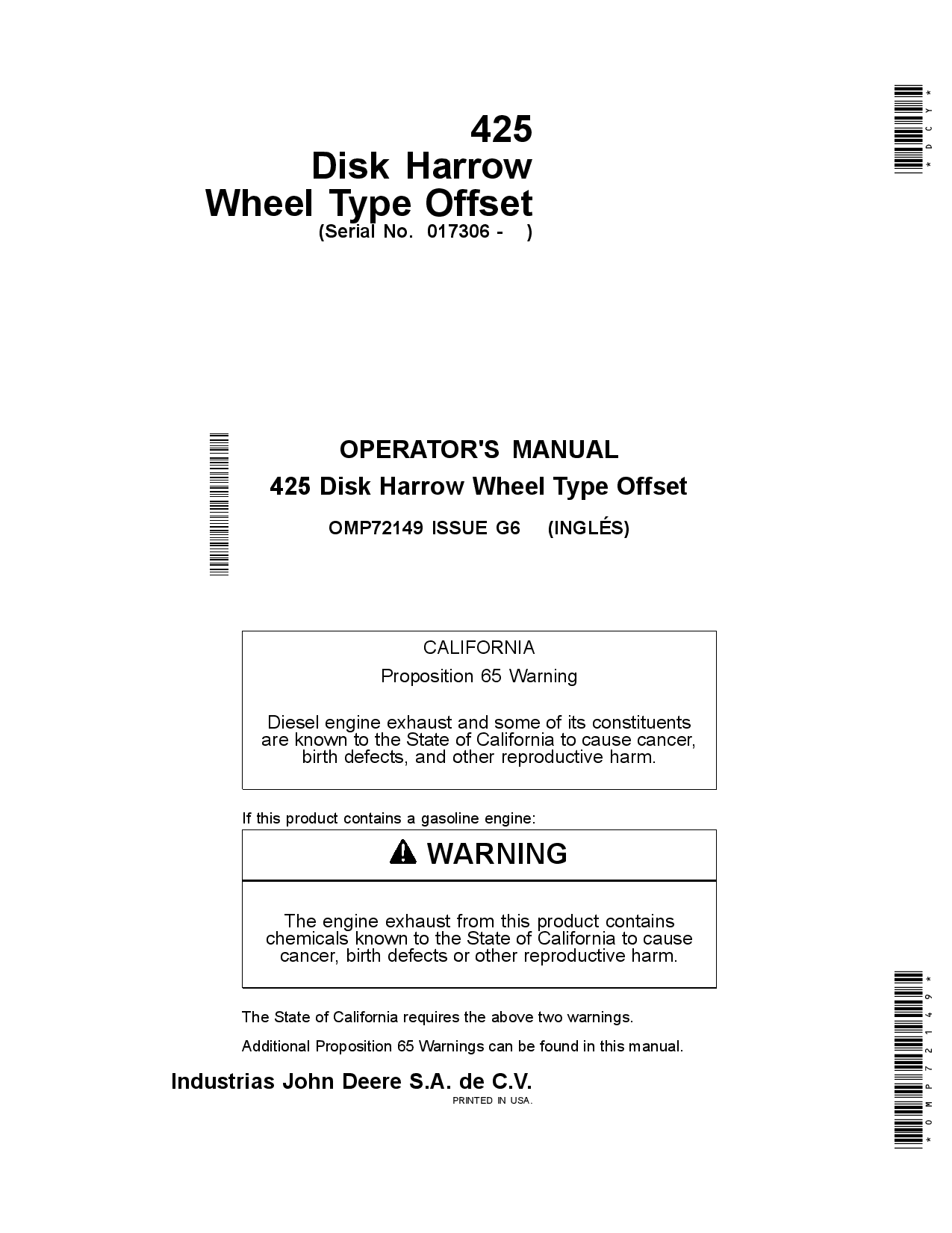 John Deere 425 Disk Harrow Wheel Type Offset North American Latin American Edition OMP72149 Operation and Maintenance manual PDF Download