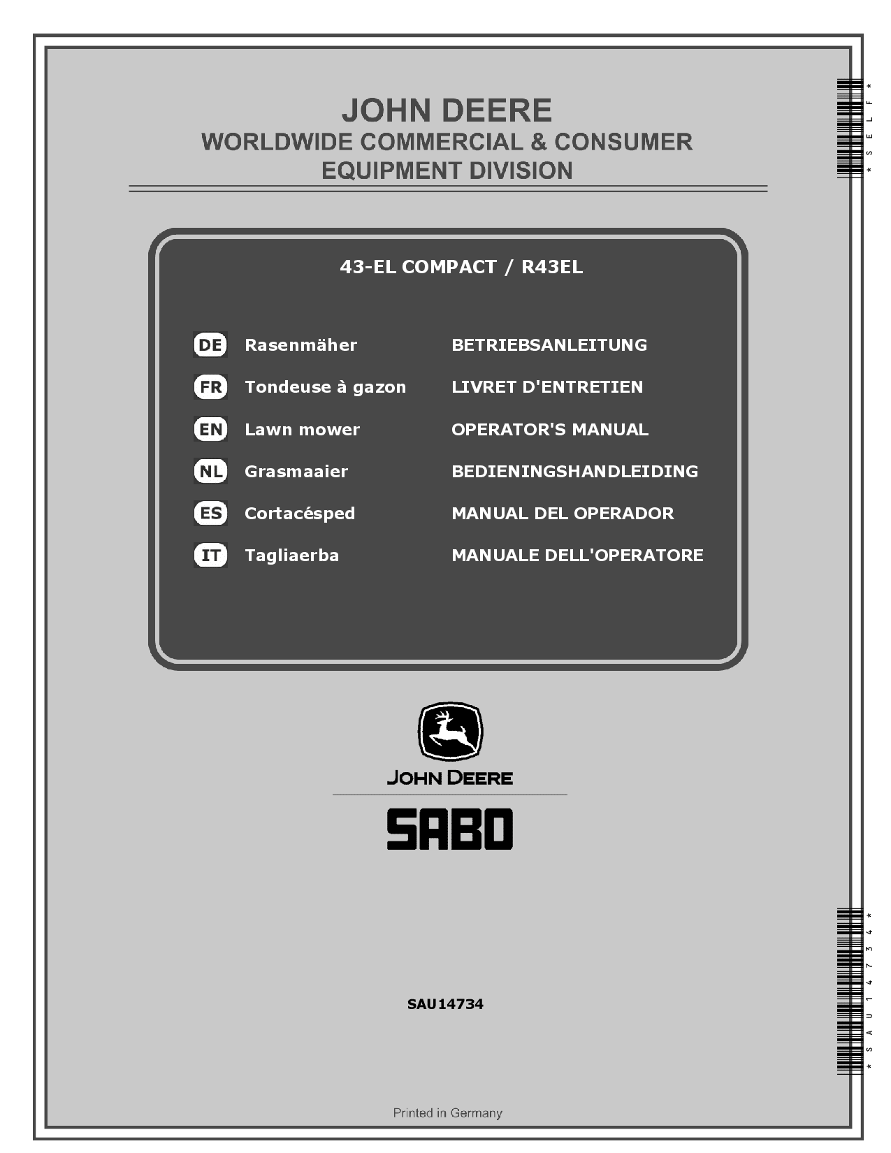 John Deere 43 EL SA1457 COMPACT and R43EL SA1431 Lawn Mowers MY2015 MY2020 SAU14734 Operation and Maintenance manual PDF Download