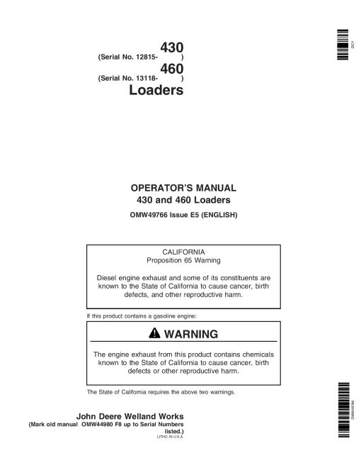 John Deere 430 460 Loaders OMW49766 Operation and Maintenance manual PDF Download