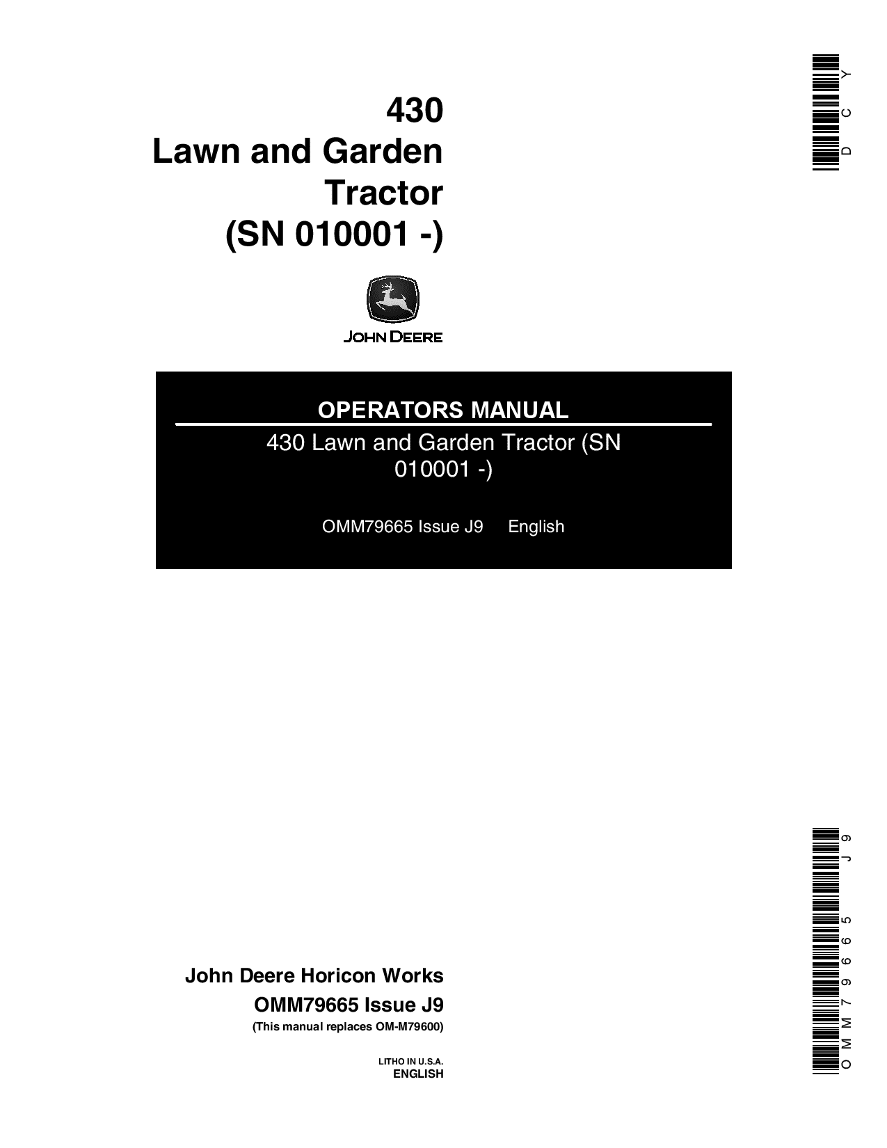 John Deere 430 Lawn Garden Tractor 010001 OMM79665 Operation and Maintenance manual PDF Download