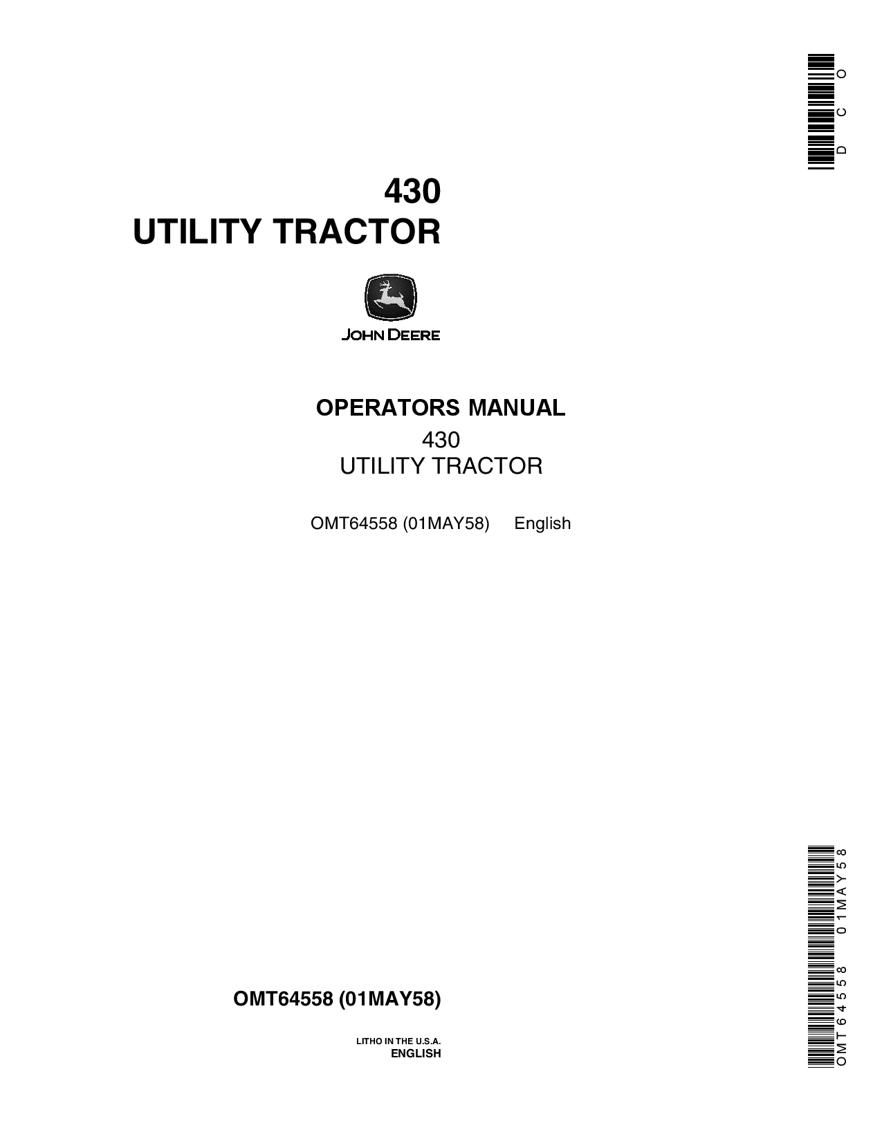 John Deere 430 Utility Tractor OMT64558 Operation and Maintenance manual PDF Download
