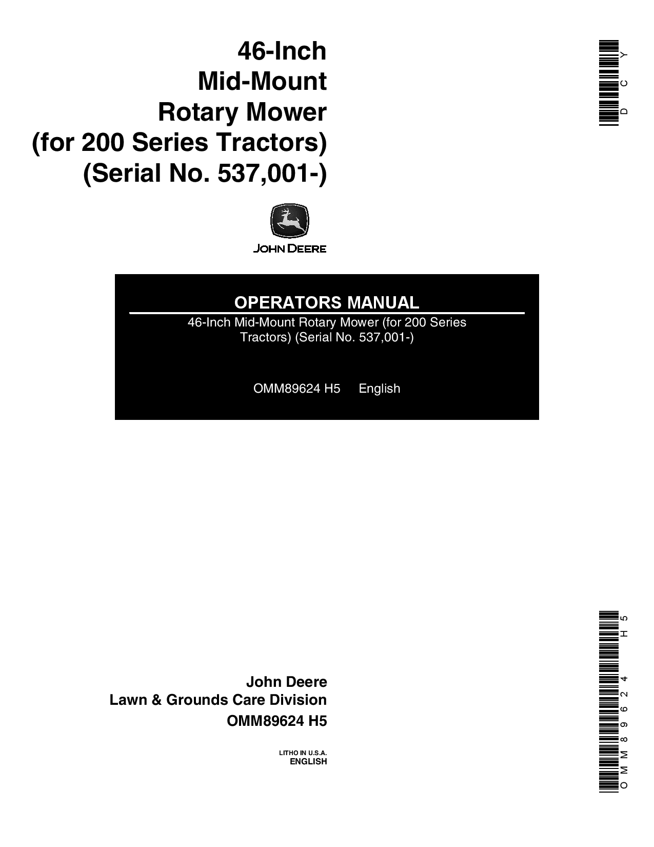 John Deere 46 Inch MM Mower 200 Series Tractor OMM89624 Operation and Maintenance manual PDF Download