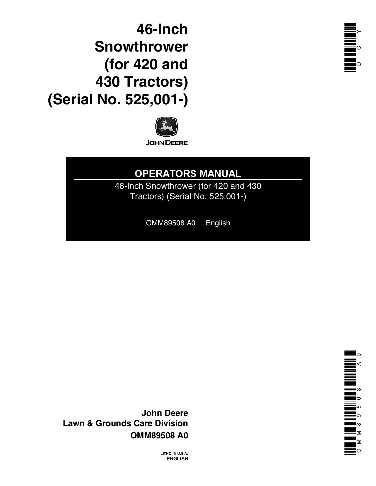 John Deere 46 Inch Snow Thrower 525001 OMM89508 Operation and Maintenance manual PDF Download