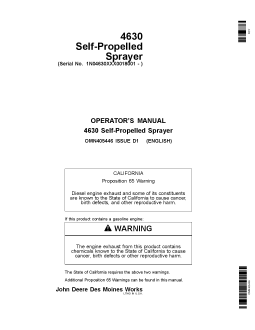 John Deere 4630 Self Propelled Sprayers Export Edition 018001 023000 OMN405446 Operation and Maintenance manual PDF Download