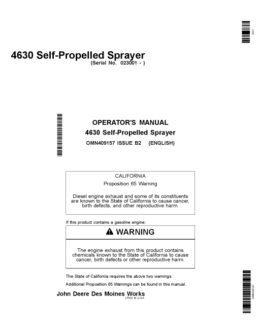 John Deere 4630 Self Propelled Sprayers North American Edition 023001 028000 OMN409157 Operation and Maintenance manual PDF Download