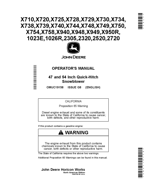 John Deere 47 54 Inch Quick Hitch Snowblower OMUC19158 Operation and Maintenance manual PDF Download
