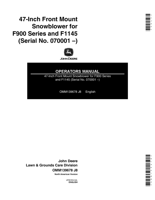 John Deere 47 In. Front Mount Snowblower for F900 Series F1145 070001 OMM139678 Operation and Maintenance manual PDF Download
