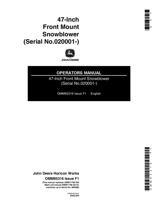 John Deere 47 Inch Front Mount Snowblower 020001 OMM95316 Operation and Maintenance manual PDF Download
