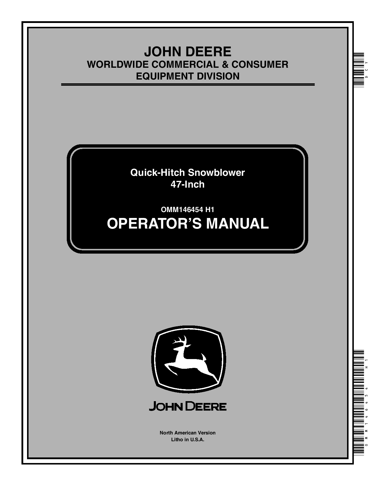 John Deere 47 Inch Quick Hitch Snowblower 010001 OMM146454 Operation and Maintenance manual PDF Download