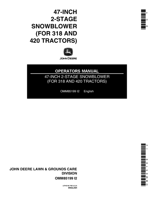 John Deere 47 Inch Two Stage Snowblower OMM85199 Operation and Maintenance manual PDF Download