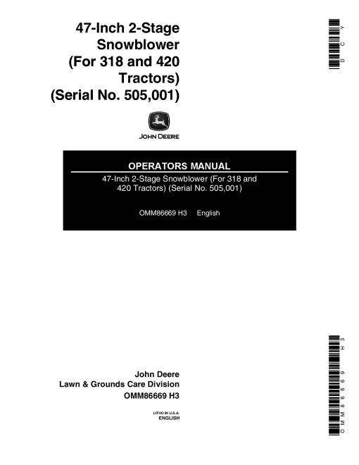 John Deere 47 Inch Two Stage Snowblower OMM86669 Operation and Maintenance manual PDF Download
