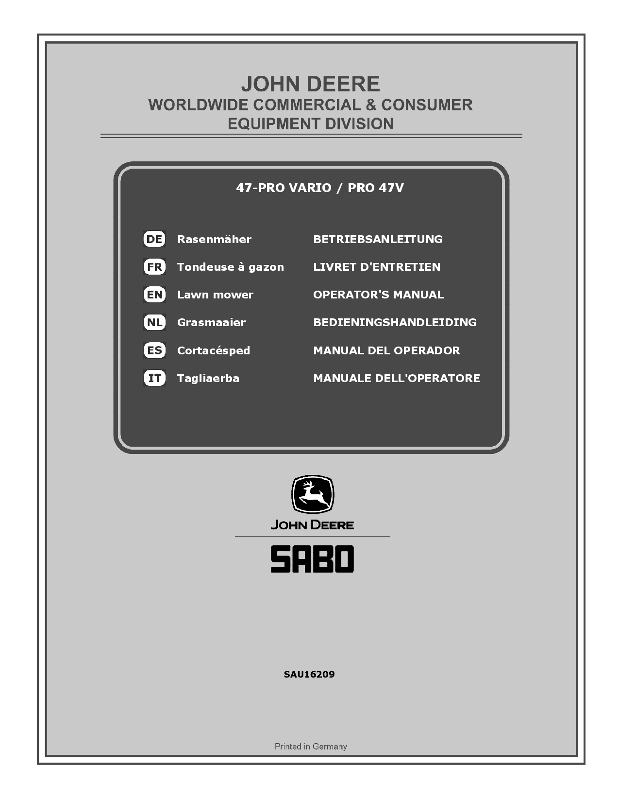 John Deere 47 PRO VARIO SA321519 PRO 47V SA326519 Lawn Mowers SAU16209 Operation and Maintenance manual PDF Download
