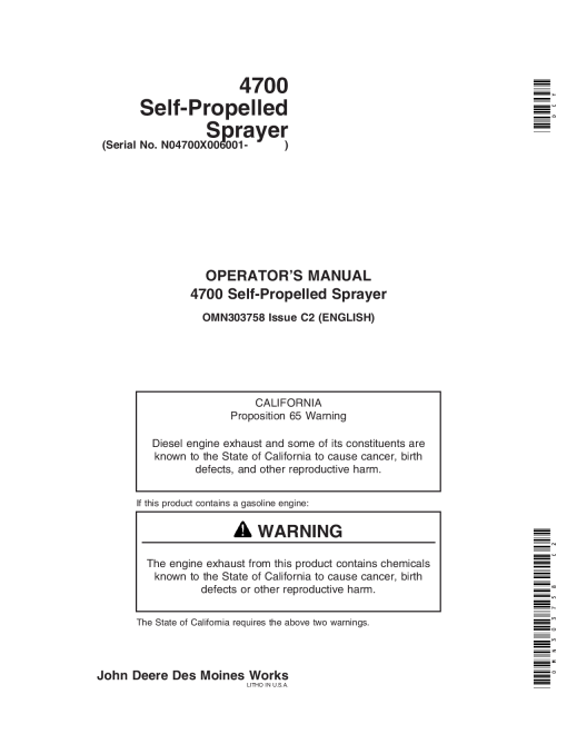 John Deere 4700 Self Propelled Sprayer OMN303758 Operation and Maintenance manual PDF Download