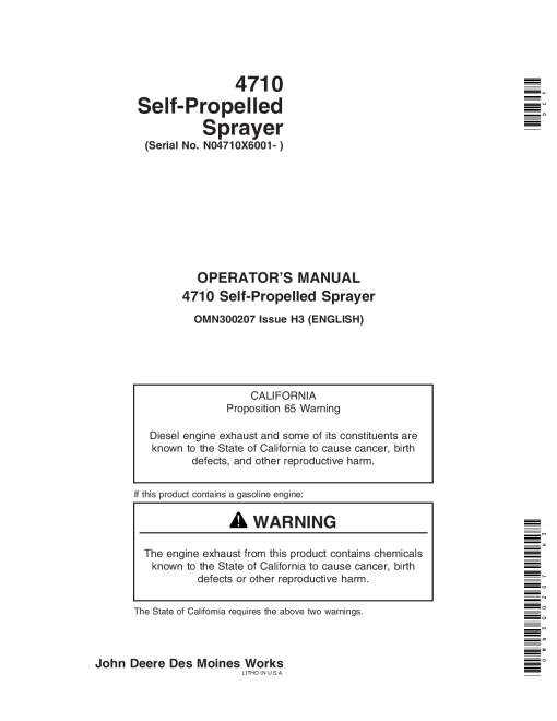 John Deere 4710 Self Propelled Sprayer 006001 OMN300207 Operation and Maintenance manual PDF Download