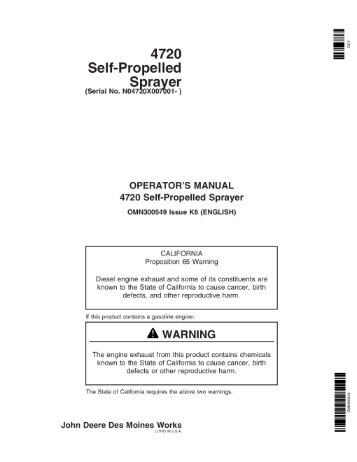 John Deere 4720 Self Propelled Sprayer 007001 OMN300549 Operation and Maintenance manual PDF Download