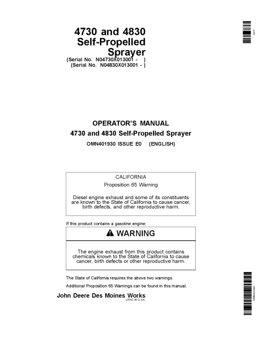 John Deere 4730 4830 Self Propelled Sprayer European Edition 013001 018000 OMN401930 Operation and Maintenance manual PDF Download