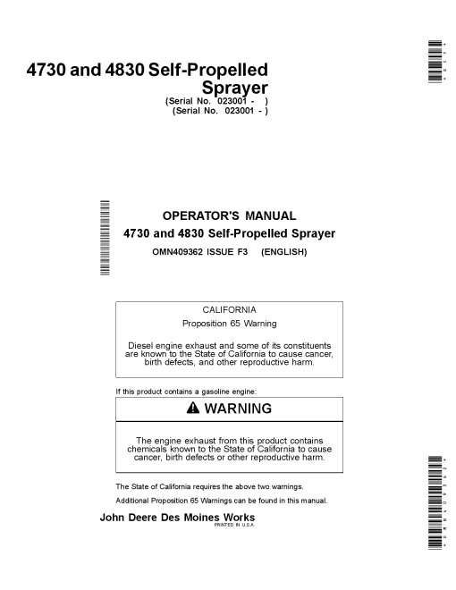 John Deere 4730 4830 Self Propelled Sprayer Export Edition 023001 OMN409362 Operation and Maintenance manual PDF Download