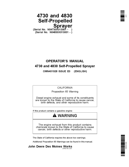 John Deere 4730 4830 Self Propelled Sprayer North American Edition 013001 018000 OMN401928 Operation and Maintenance manual PDF Download