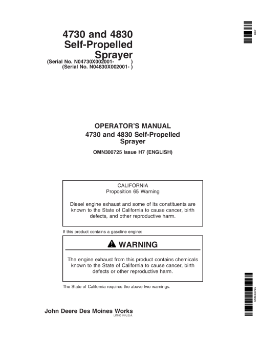 John Deere 4730 4830 Self Propelled Sprayers Export Edition 002001 004000 OMN300725 Operation and Maintenance manual PDF Download