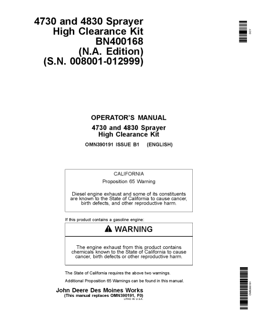 John Deere 4730 and 4830 Sprayer High Clearance Kit BN400168 008001 012999 OMN390191 Operation and Maintenance manual PDF Download