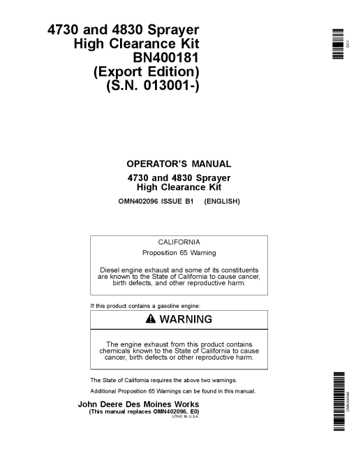 John Deere 4730 and 4830 Sprayer High Clearance Kit BN400181 013001 OMN402096 Operation and Maintenance manual PDF Download